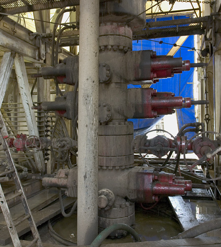 Blowout stack beneath a Chesapeake Energy drilling rig, Marlow, Oklahoma, 2004.