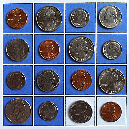 starting configuration of 16 coins on 4x4 template with two blanks