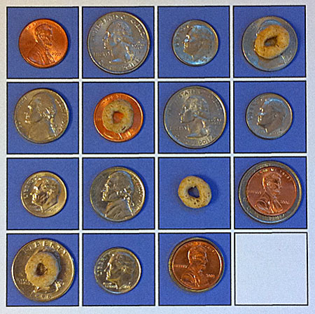 coins and cheerios -- the five-permutation solution