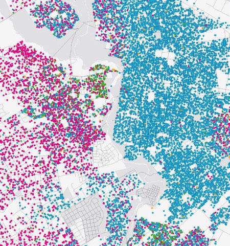 race distribution in West Philadelphia and suburbs, map prepared by Bill Rankin