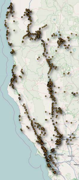 iPhone location map for a trip through north California and southern Oregon