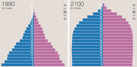 population pyramids for 1990 and 2100