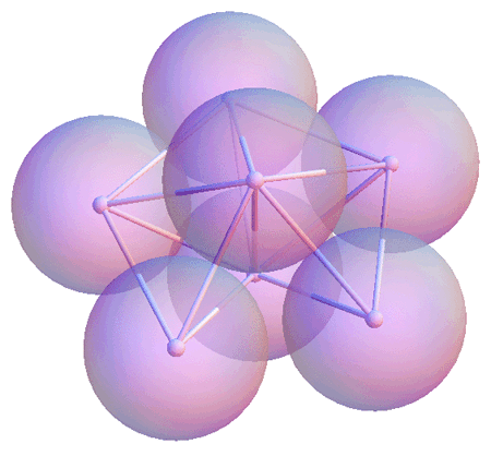 translucent diagram of seven spheres in which a small shift in positions transforms a cluster of four tetrahedra into a pentagonal dipyramid; hover with the mouse to animate this transformation