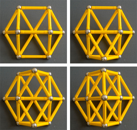 four stages in the construction of the 12-sphere cluster with 33 contacts