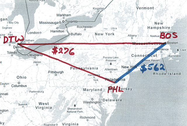 map of northeastern us showing direct route from Boston to Philadelphia and a detour via Detroit