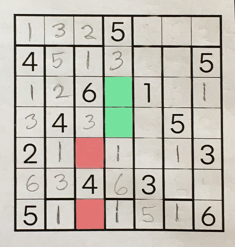 The same puzzle, with two blank squares colored.