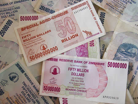 Zimbabwean bank notes, including a ZW$50,000,000,000 Special Agro-Check