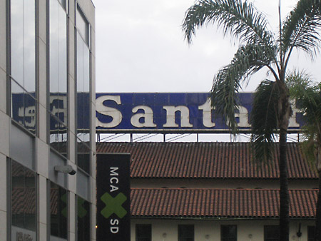The Santa Fe Depot, seen from and reflected in the adjacent trolley terminal